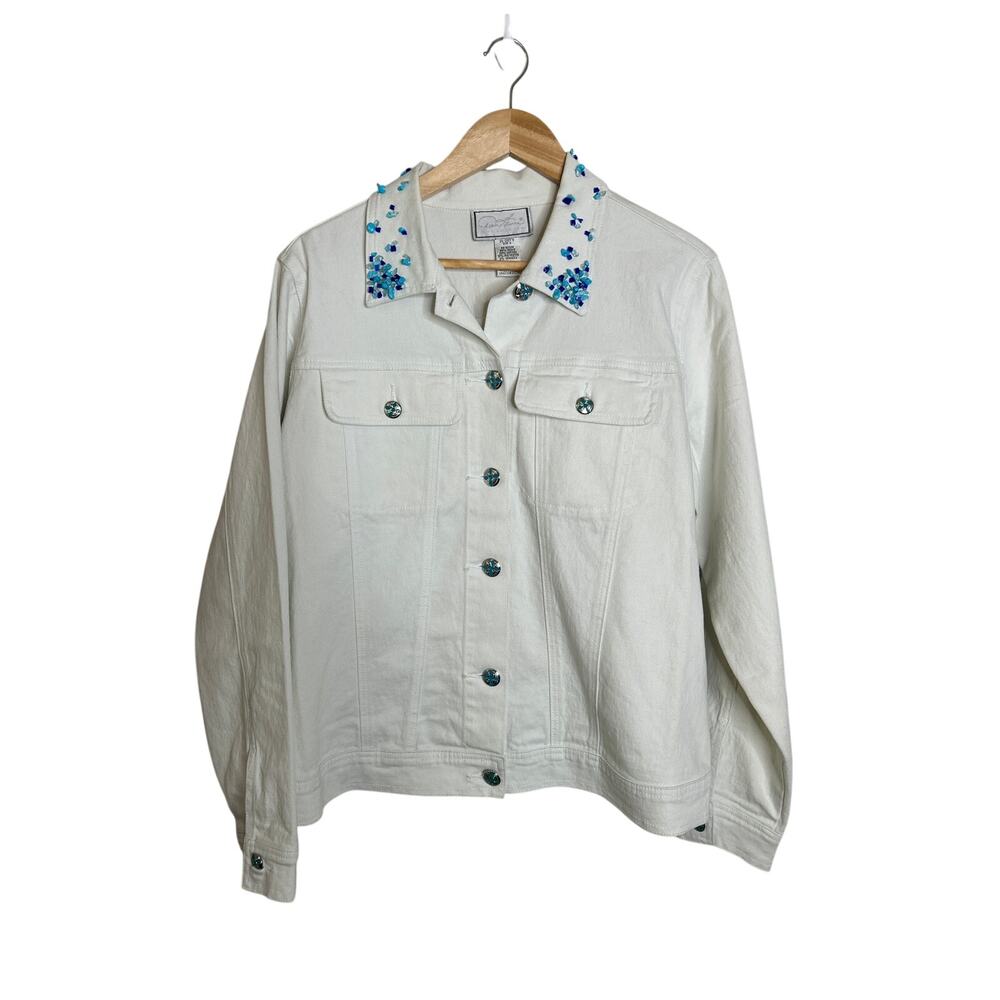 HSN Diane Gilman‎ White Button Down Jacket Beaded Ornate Buttons XL